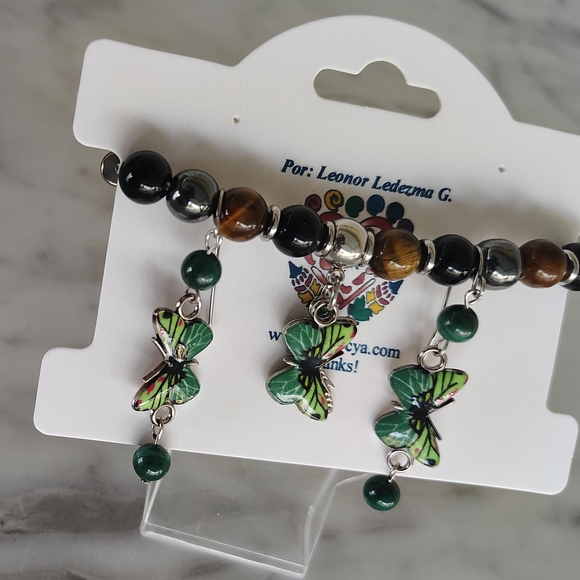 Jewelry - Butterfly Charm Bracelet with Green and Brown Beads